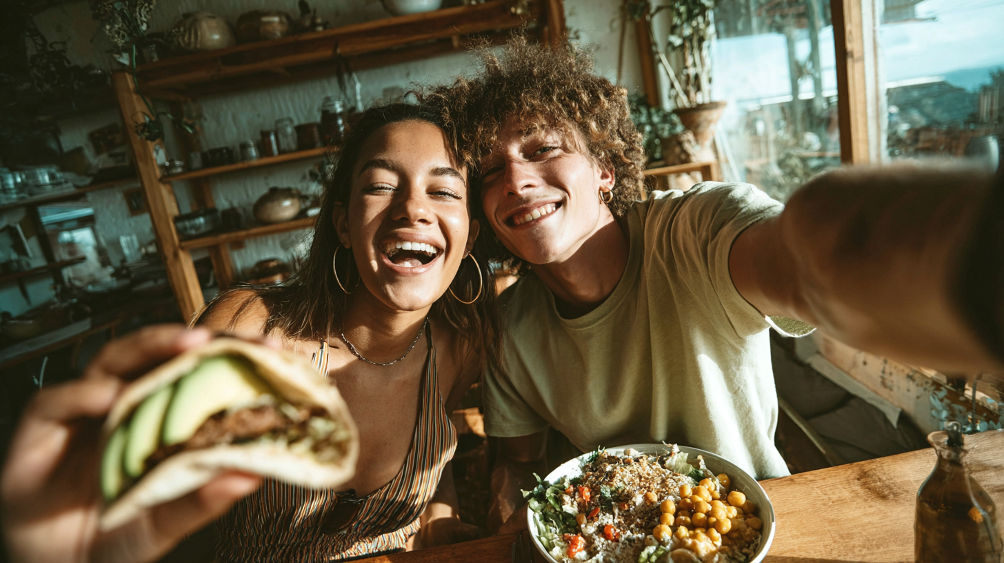 Zwei Freunde lachen beim Essen in die Kamera