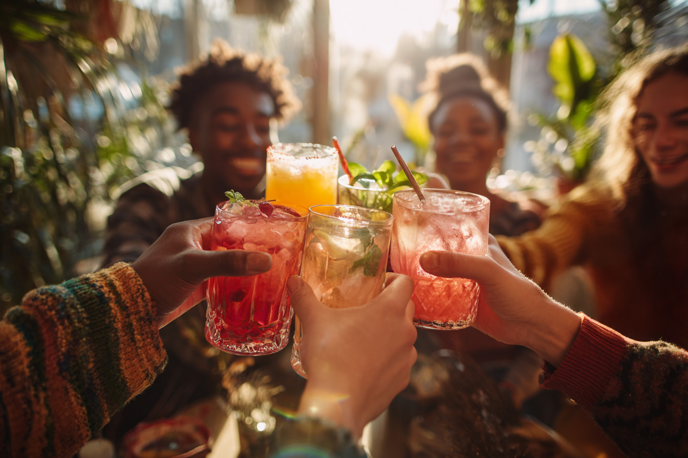 Freunde stossen mit alkoholfreien Cocktails an Freunde stossen mit alkoholfreien Cocktails an