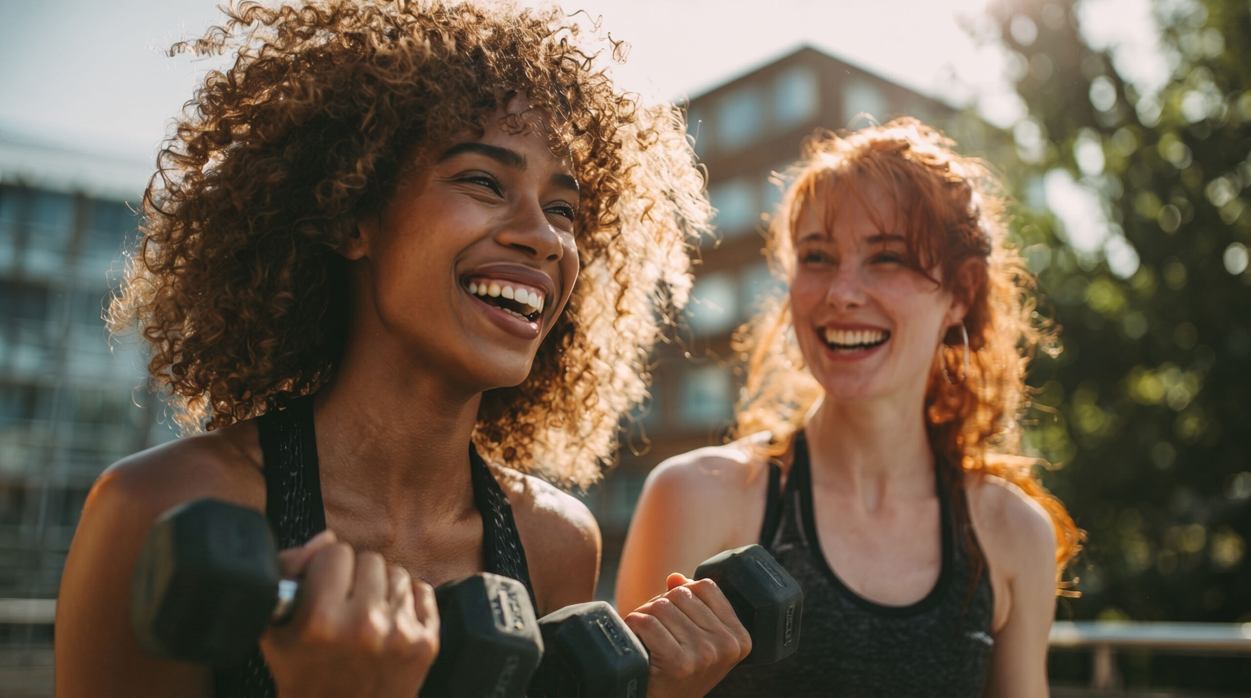 Zwei lachende Frauen in Sportkleidung, eine von beiden hält kleine Hanteln in den Händen