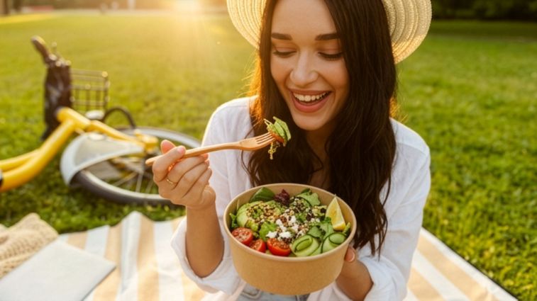 Frau mit Salat Person sitzt auf einer Picknickdecke und isst einen bunten Sommersalat mit Gurken, Tomaten, Körnern und Blattgrün im Park