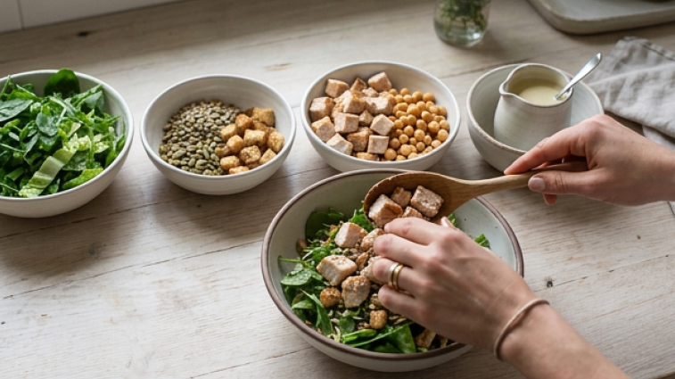 Salatbowl mit Tofu Salat mit Spinat, Kichererbsen, Linsen und Croutons wird zubereitet