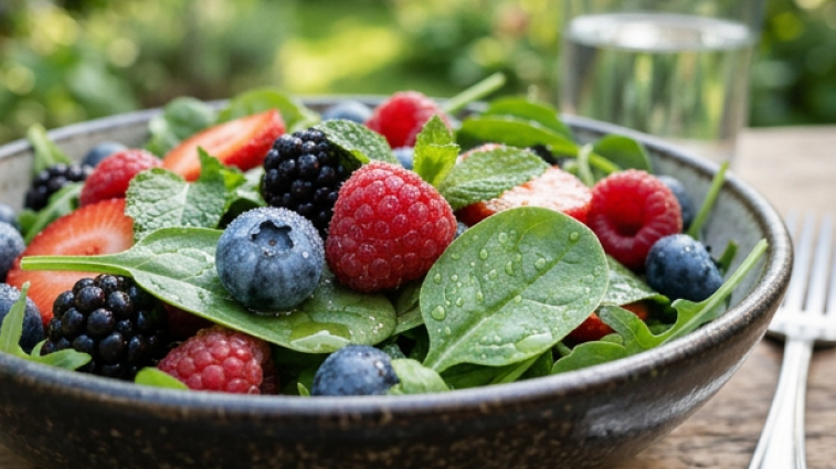 Sommersalat mit Beeren Fruchtiger Sommersalat mit Babyspinat, Erdbeeren, Himbeeren, Heidelbeeren und Brombeeren in einer Schüssel